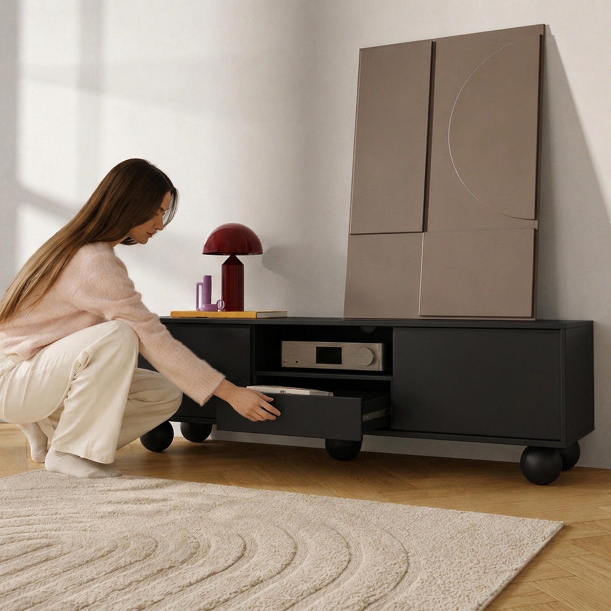 LOWBOARD Adel mit 2 Türen 1 Schublade und runden Füßen, 154 cm, Griffloss, Schwarz - Schwarz, Holzwerkstoff (154/46/38cm) - Beautysofa