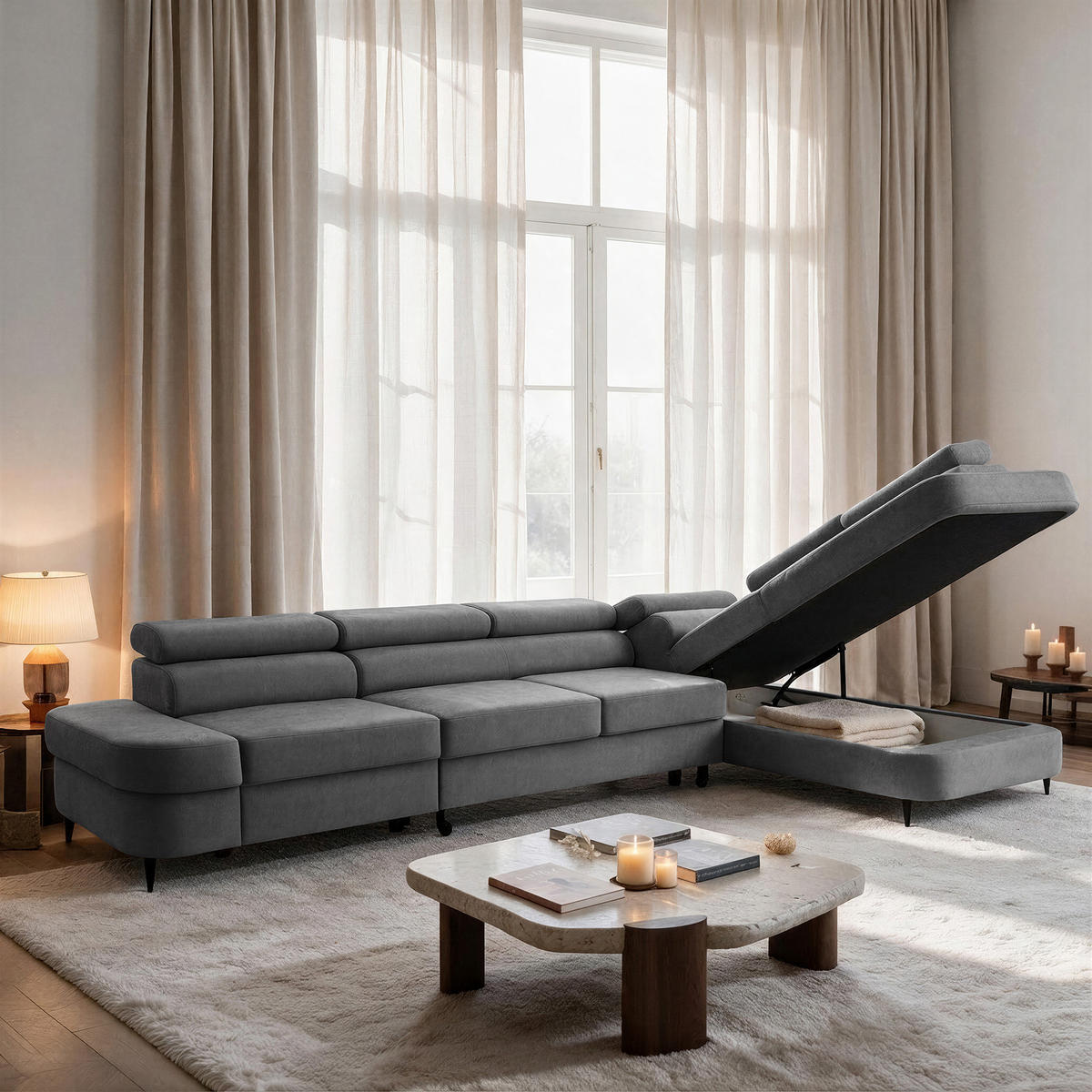 ECKSOFA PRIAM MAXI L-Form Rechts mit Schlaffunktion 125x195 Velours Grau - Schwarz/Grau, Holz/Textil (350/203cm) - Muffo