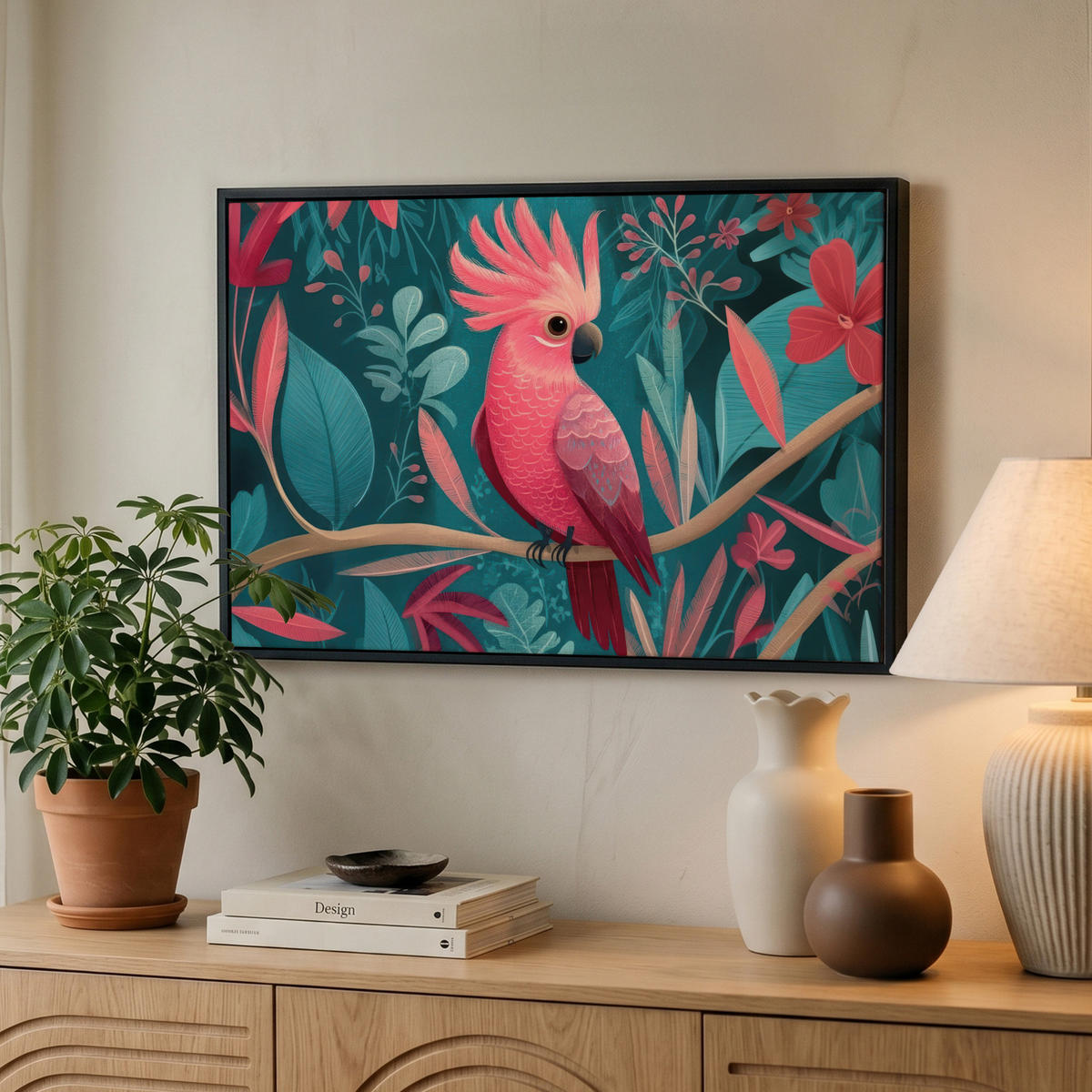 LEINWAND Bilder mit Rahmen - Kakadu - Tropische Blätter - Zweig - 60x40 - Petrol, Textil (60/40cm) - MuchoWow