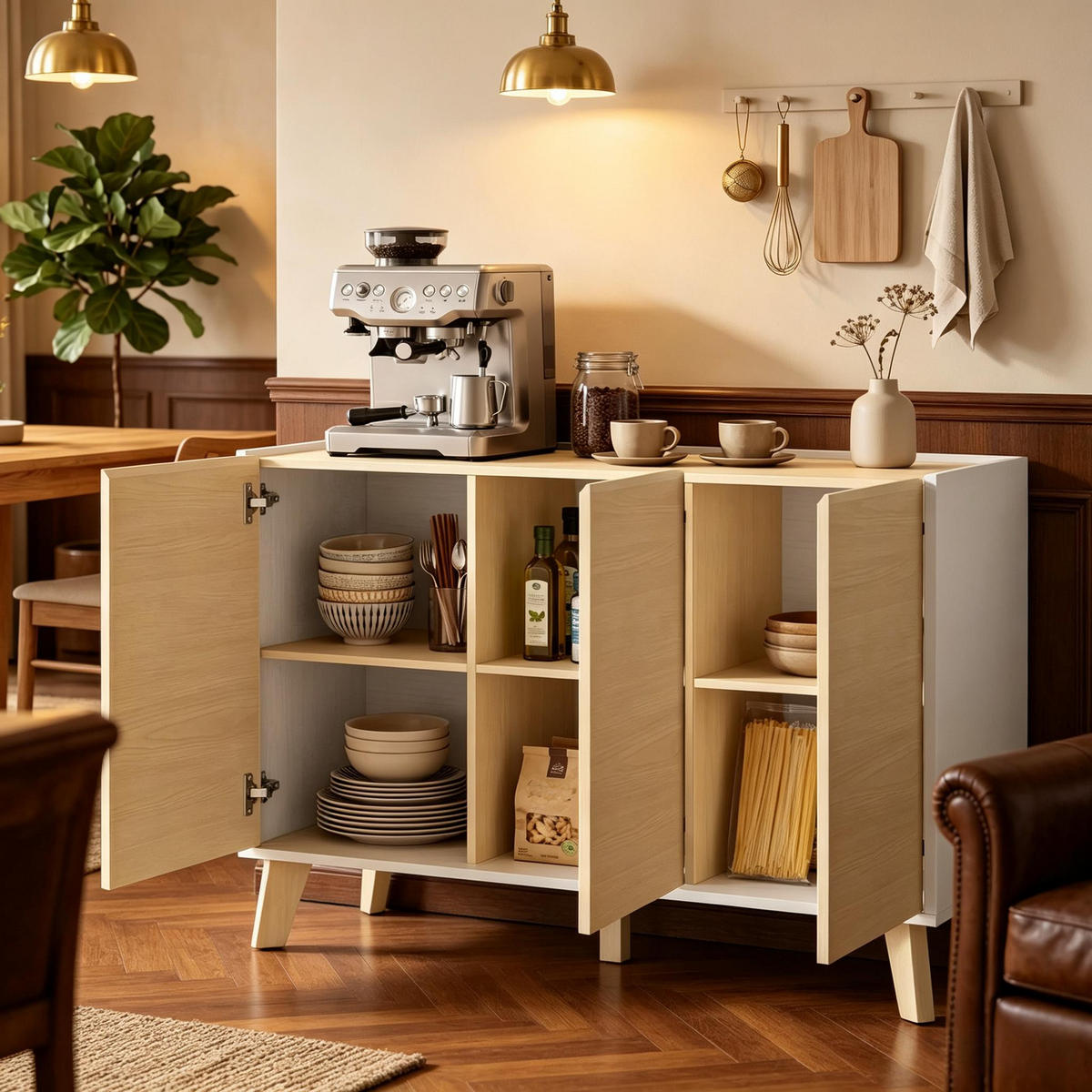 BUFFET DE-38815 120/35/73,5 cm 3 Türen und 6 Fächer Naturholz - Naturfarben, Holzwerkstoff (120/73.5/35cm) - ComfortXL