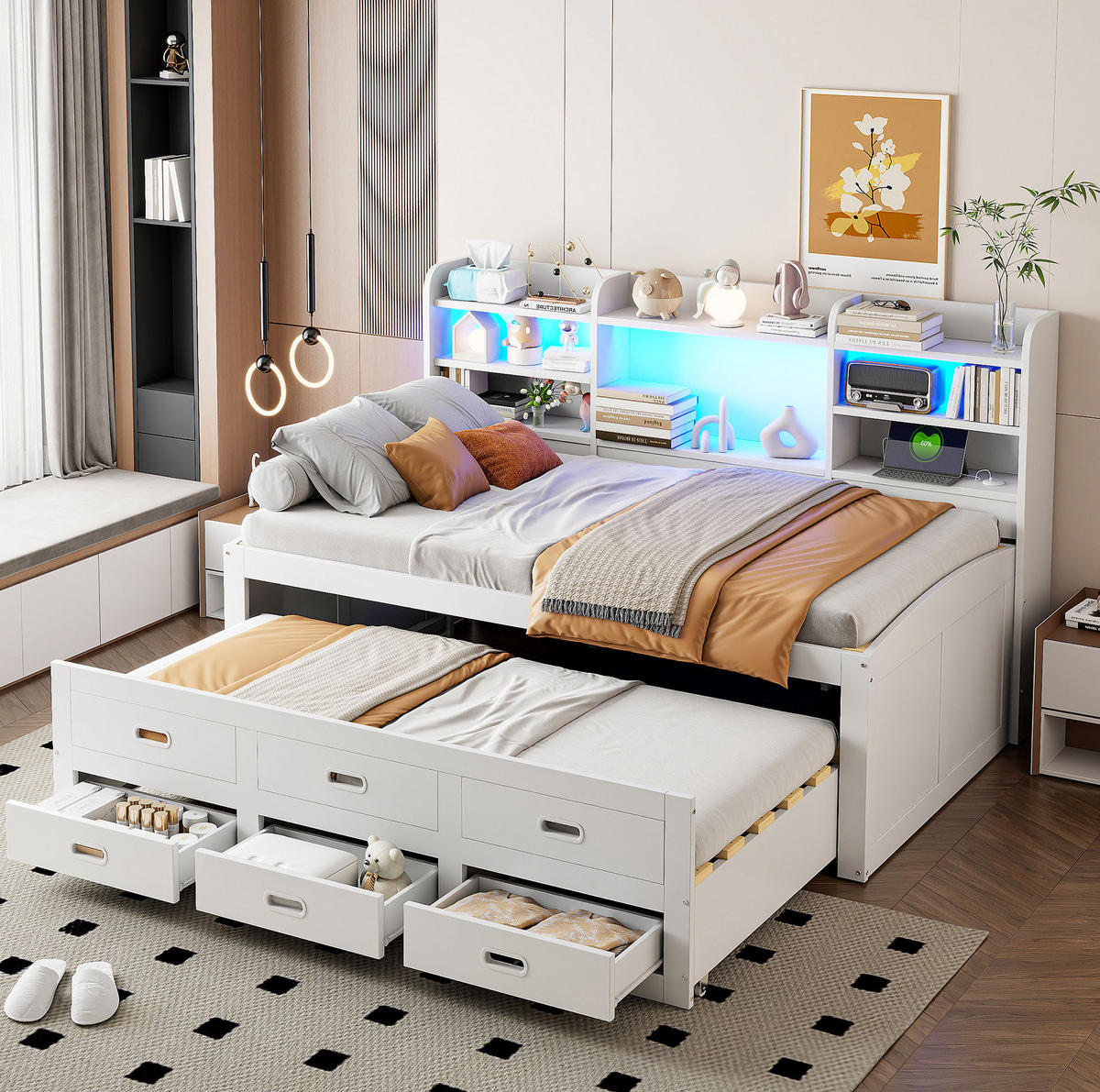 POLSTERBETT aus Spanplatte und MDF 90x200 cm in Weiß mit LED & USB-Typ-C - Weiß, Holzwerkstoff (90/200cm) - Modfu