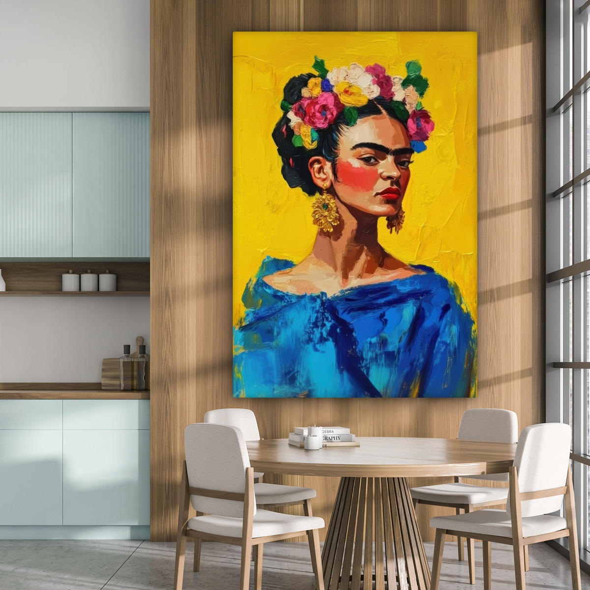 LEINWANDBILD Frida Kahlo - Frau - Gelb - Blau - Blumen Deko Groß 90x140 cm - Gelb, Textil (90/140cm) - MuchoWow
