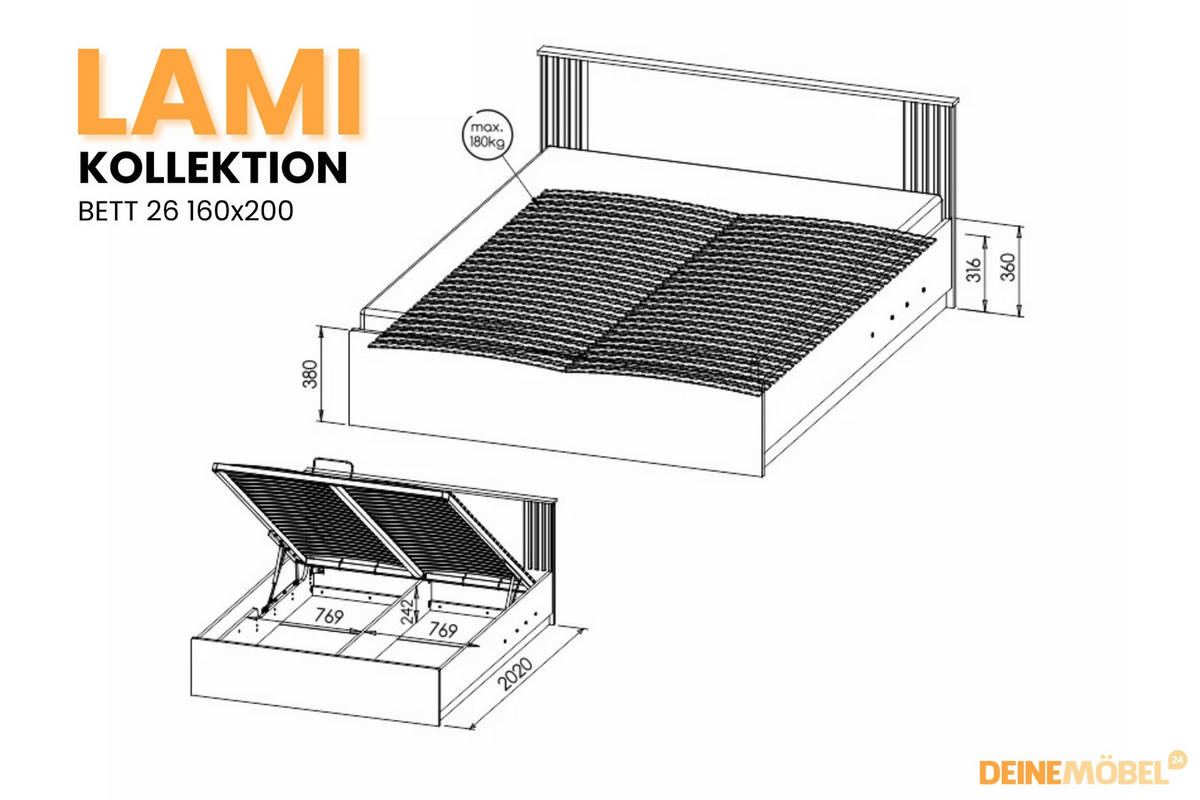 DOPPELBETT LAMI 26 160/200 cm in Wotan Eiche / Schwarz Matt mit Lamellen - Eiche Wotan/Schwarz, Holzwerkstoff (160/200cm) - Deine Möbel 24