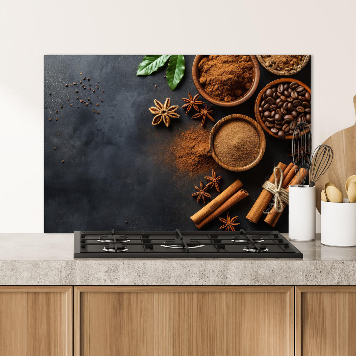 SPRITZSCHUTZ KÜCHE Zimt - Beton - Kaffee - Zimtstangen - Gewürze 90x60 cm - Mokka, Metall (90/0.3/60cm) - MuchoWow