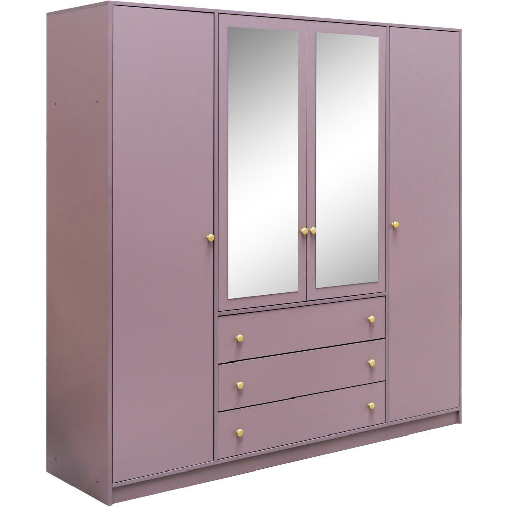 DREHTÜRENSCHRANK Solea Lux mit 4 Türen und 3 Schubladen, Pflaume - Pflaume/Goldfarben, Holzwerkstoff (196/200/58cm) - Beautysofa