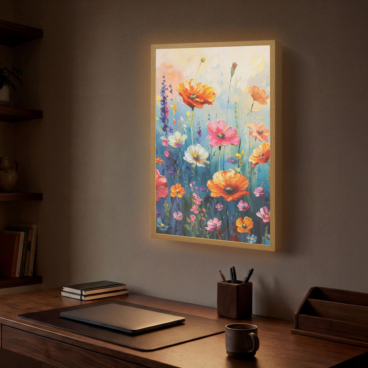 NÁSTĚNNÁ LAMPA S AKUMULÁTOREM Květiny - Příroda - Akvarel - Umění 40x60 cm - různobarevná, kompozitní dřevo (40/60/8cm) - OnlyWow