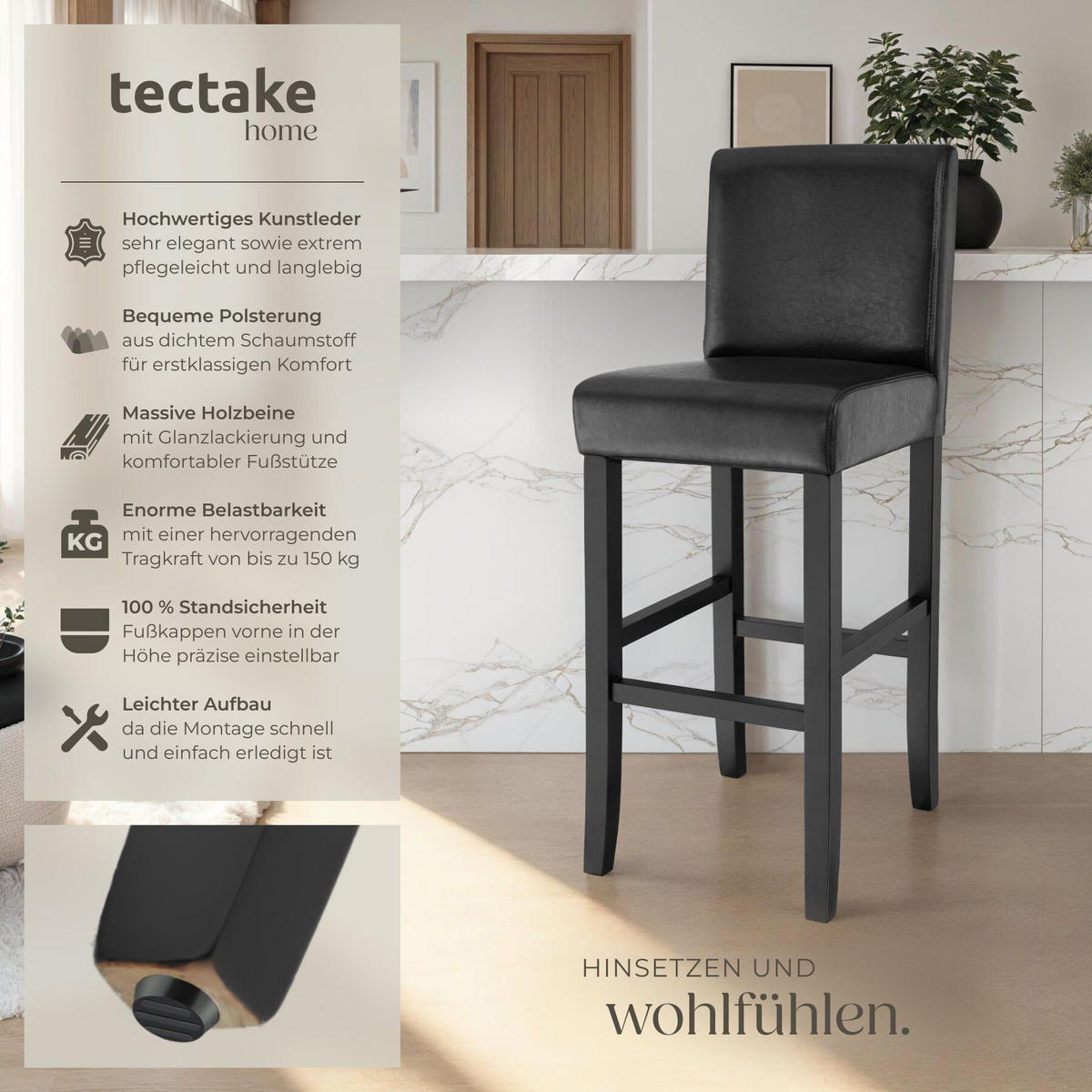 BARHOCKER 2er Set Kunstleder, Sitzhöhe 76 cm, antikbraun - Schwarz, Leder/Holz (40/107/41cm) - tectake