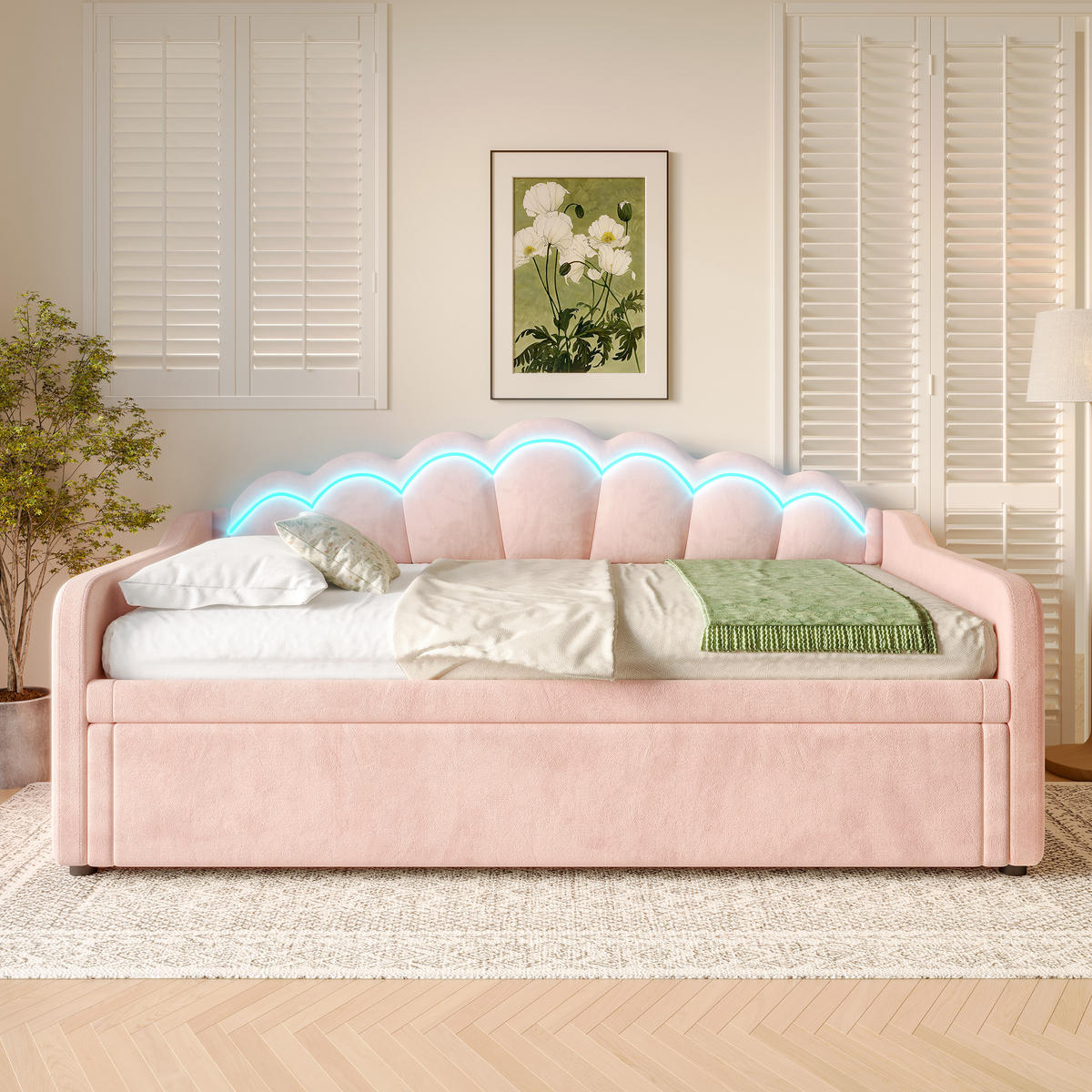 TAGESBETT 90/200 cm rosa mit ausziehbarem Bett und LED-Beleuchtung - Rosa, Textil (90/200cm) - OKWISH