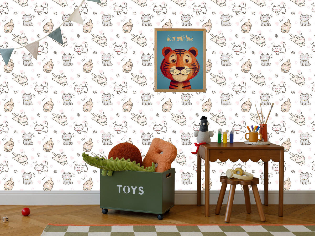 VLIESTAPETE Kätzchen und Herzen – Beige, Grau, Weiß – 50x1000 cm - Beige/Weiß, Papier (50/1000cm) - Muralo