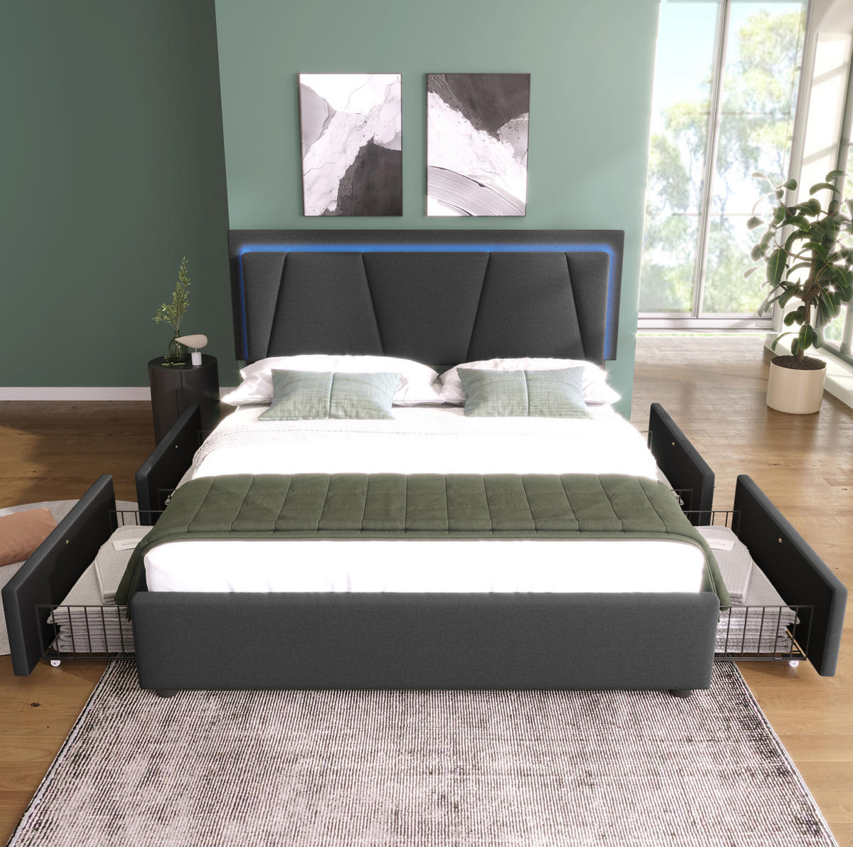 ČALOUNĚNÁ postel 160x200 cm šedá z dřeva s LED osvětlením, nastavitelným čelem a úložnými zásuvkami - šedá, kompozitní dřevo (160/200cm) - OKWISH