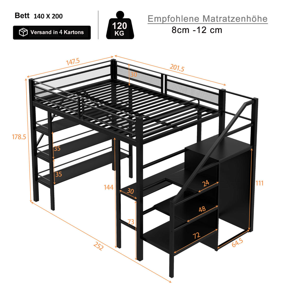 HOCHBETT 140/200 cm Schwarz aus Metall mit Schreibtisch und Kleiderschrank - Schwarz, Metall (140/200cm) - OKMYHOME