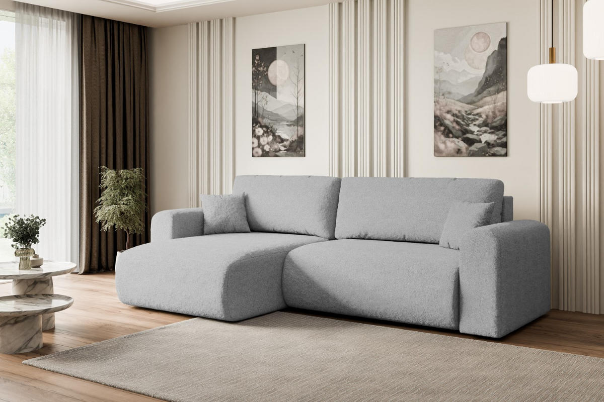 ECKSOFA mit Schlaffunktion und Bettkasten ORRO-L - 272x145x83 cm Hellgrau Bouclé - Hellgrau/Schwarz, Holzwerkstoff/Kunststoff (272/145cm) - ALTDECOR