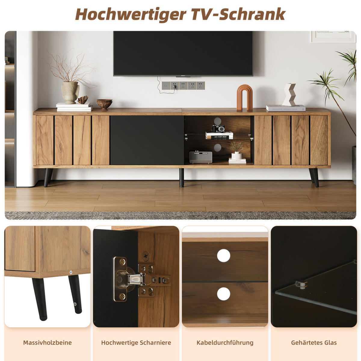 TV-LOWBOARD 175/31,5/45 cm Natur/Schwarz aus Spanplatte mit 3 Türen - Hellbraun, Holzwerkstoff (175/45/31.5cm) - OKWISH