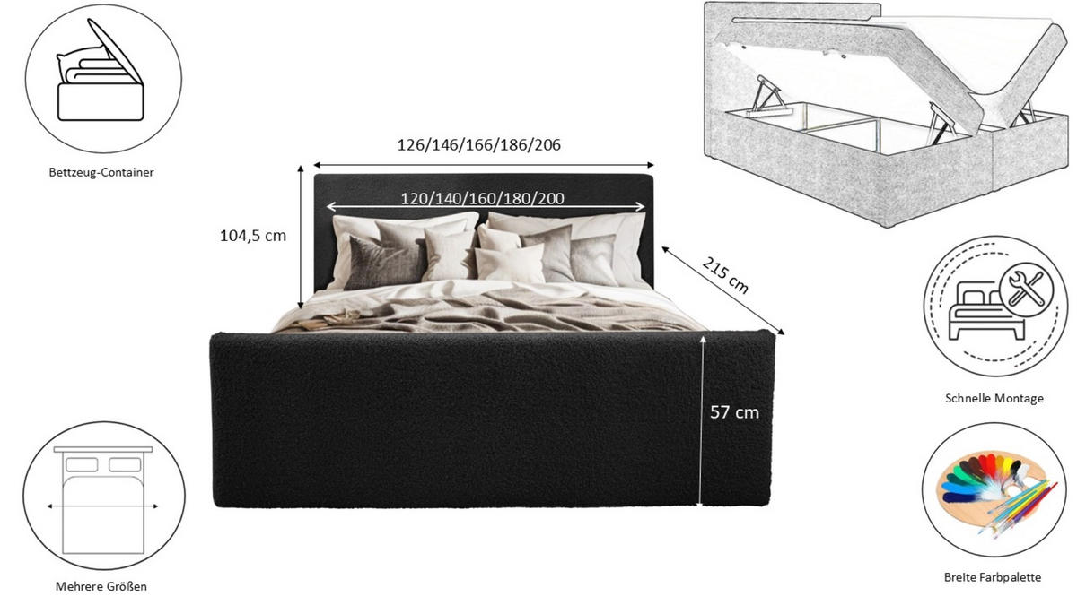 BOXBETT mit Bettkasten und Topper LAMM Stoff Sven Schwarz 120x200 cm H2-Pocket - Schwarz, Holzwerkstoff (120/200cm) - Kaiser Möbel