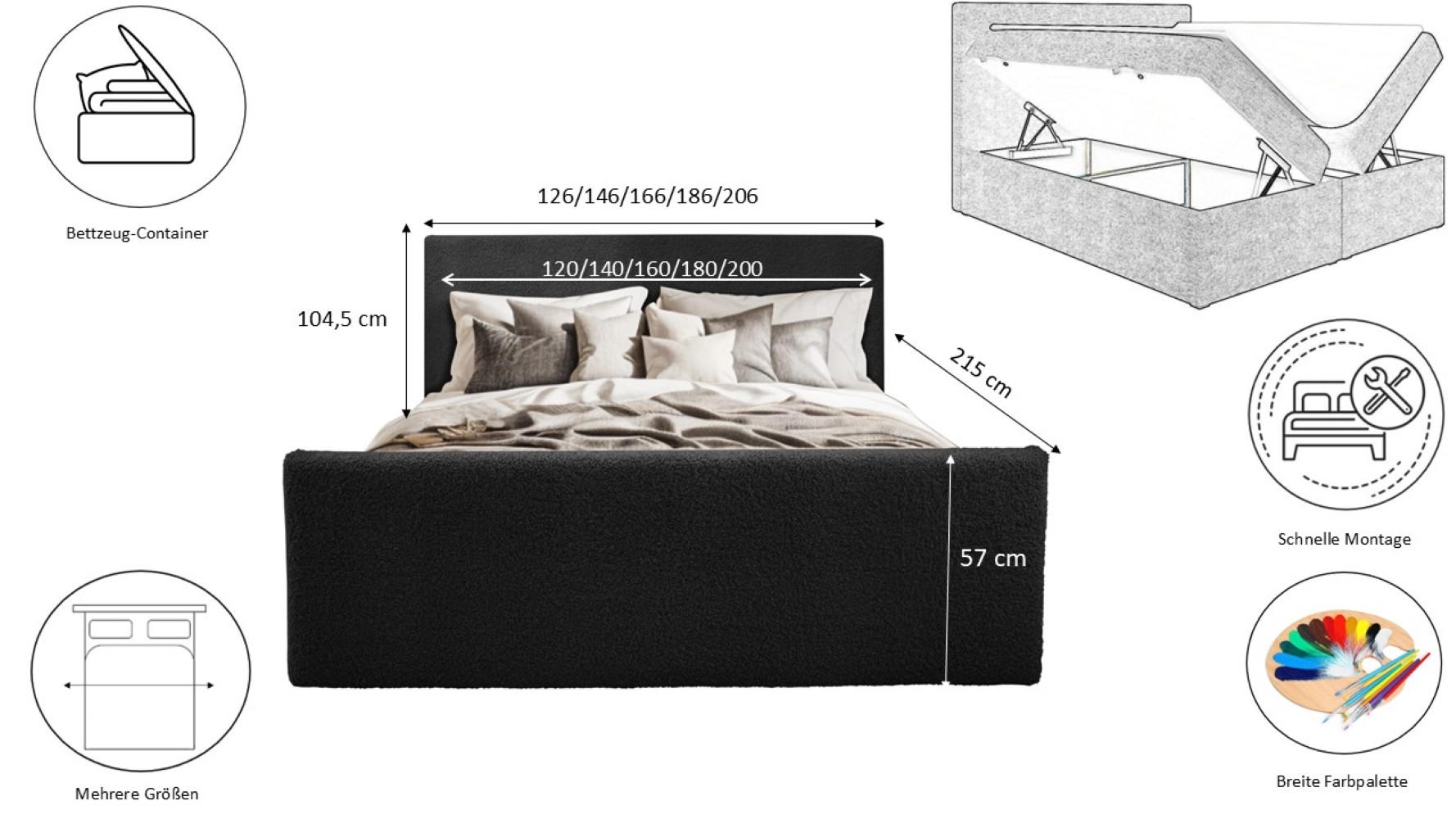 Thumbnail - Kaiser Möbel Boxbett, Schwarz, Holzwerkstoff, H3, 120x200 cm, Schlafzimmer, Betten, Boxspringbetten