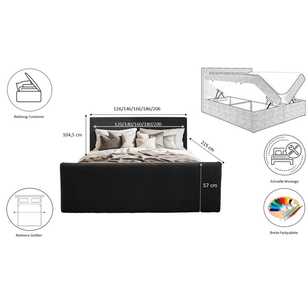 Thumbnail - Kaiser Möbel Boxbett, Schwarz, Holzwerkstoff, H3, 140x200 cm, Schlafzimmer, Betten, Boxspringbetten