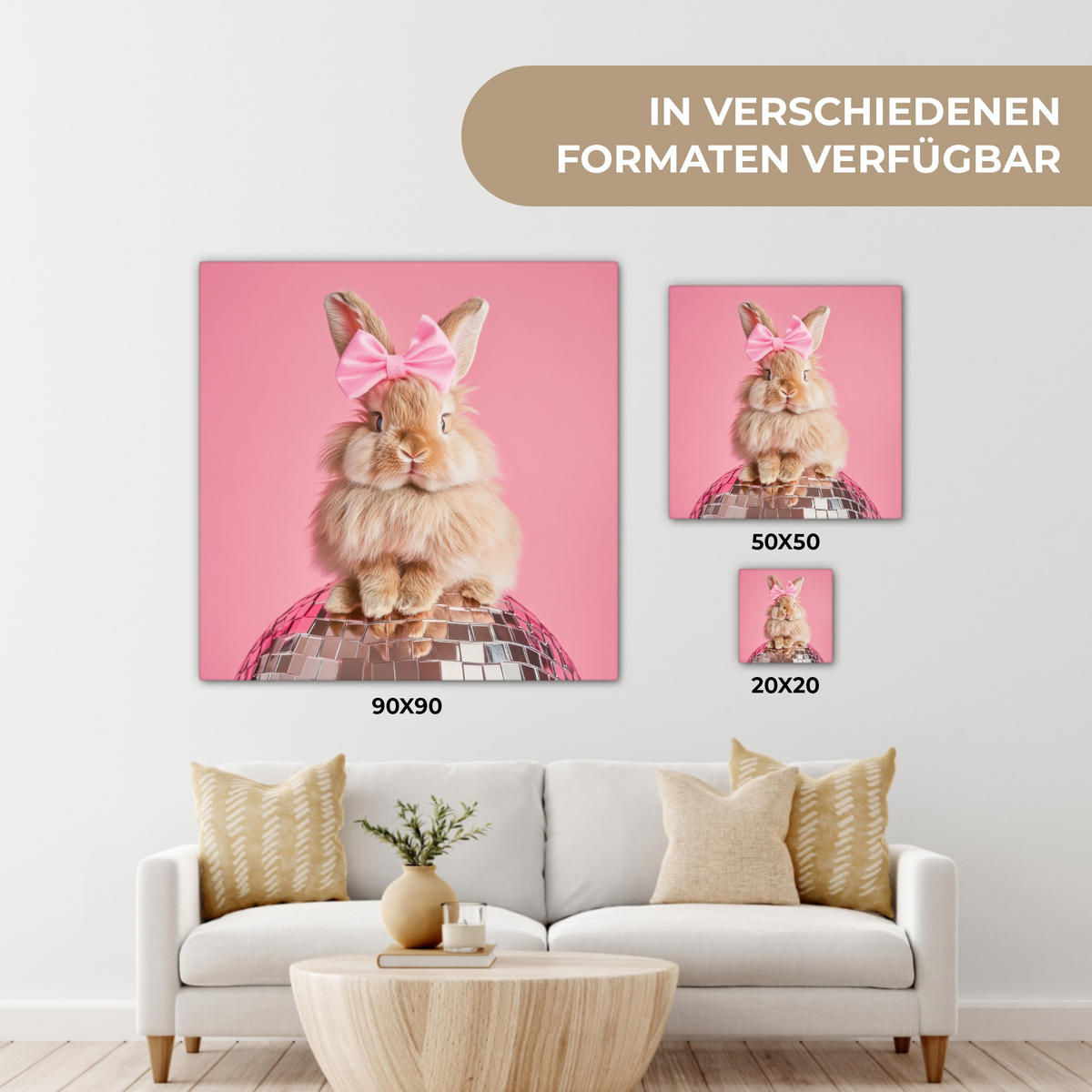 LEINWANDBILD Schleife - Discoball - Kaninchen Deko Groß 90x90 cm - Pink, Textil (90/90cm) - MuchoWow