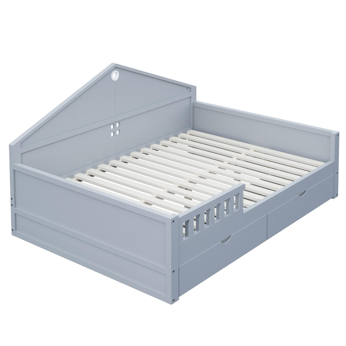 BETT 140/200 cm in Grau aus Massivholz und MDF mit Schubladen und LED - Grau, Holz/Holzwerkstoff (140/200cm) - WISHDOR