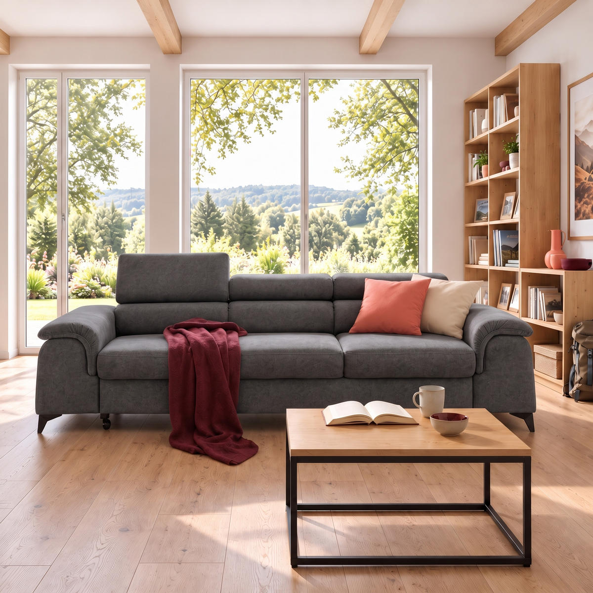 3-SITZER Sofa PLAZA mit Schlaffunktion 127x195 Velours Grau - Schwarz/Grau, Holz/Textil (260/90/100cm) - Muffo