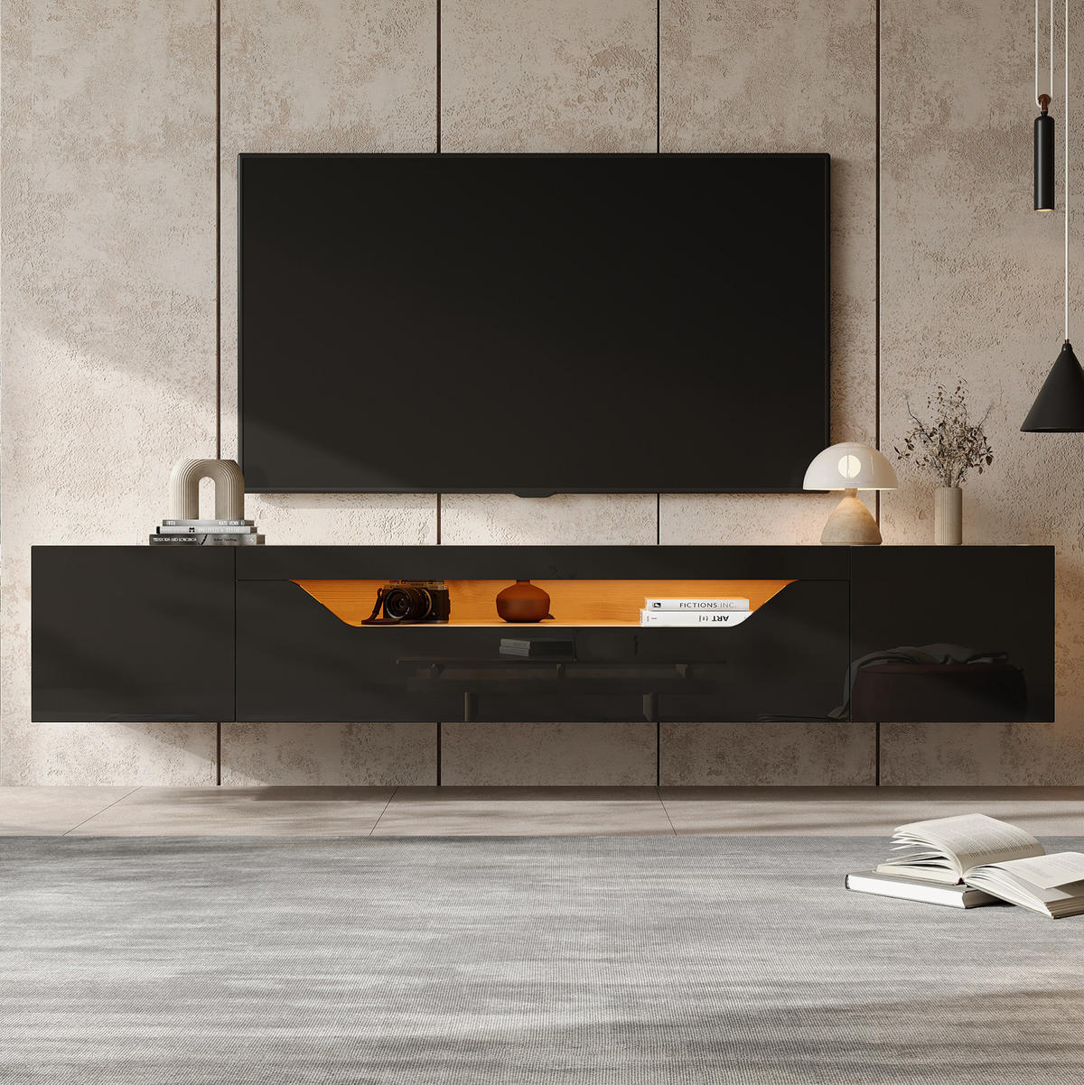 TV-ELEMENT wandmontiert 180 x 37 x 36 cm Schwarz/Natur mit LED - Schwarz, Holzwerkstoff (37/36/180cm) - Beauniv