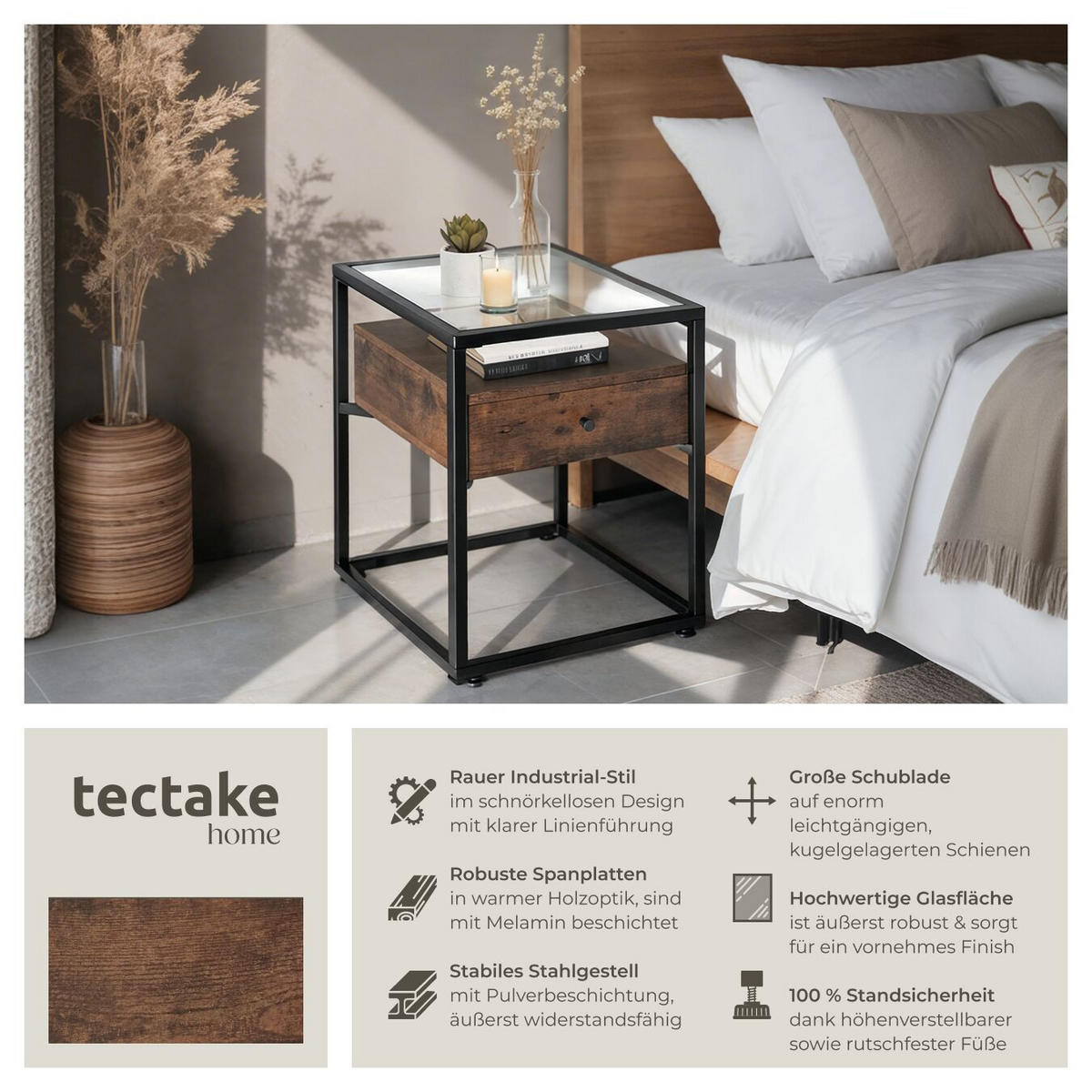 NACHTSCHRANK Preston, 43 x 45 x 54,5 cm, Industrial Holz dunkel, rustikal - Rostfarben, Holzwerkstoff (43/54.5/45cm) - tectake