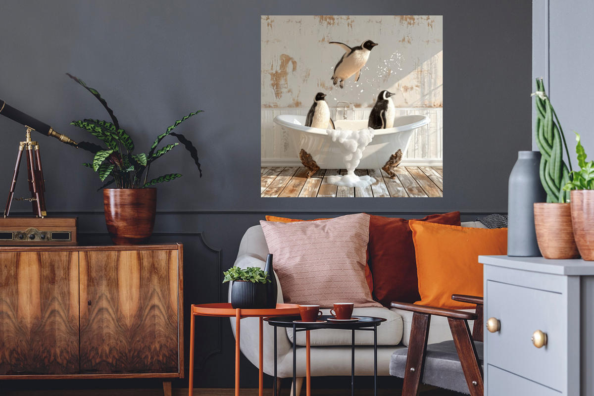 WANDTATTOO Vintage - Pinguin - Badewanne - Schaumstoff 50x50 cm - Schwarz, Kunststoff (50/50/0.1cm) - MuchoWow