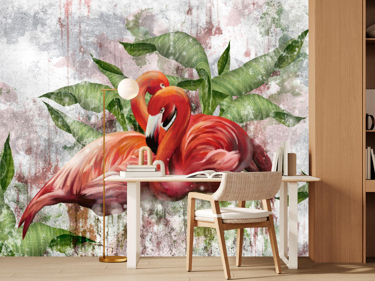 FOTOTAPETE für Schlafzimmer Abstrakte Flamingos Beton Tropische Blätter Palmen Natur 450x315 - Multicolor, Papier (450/315cm) - Muralo