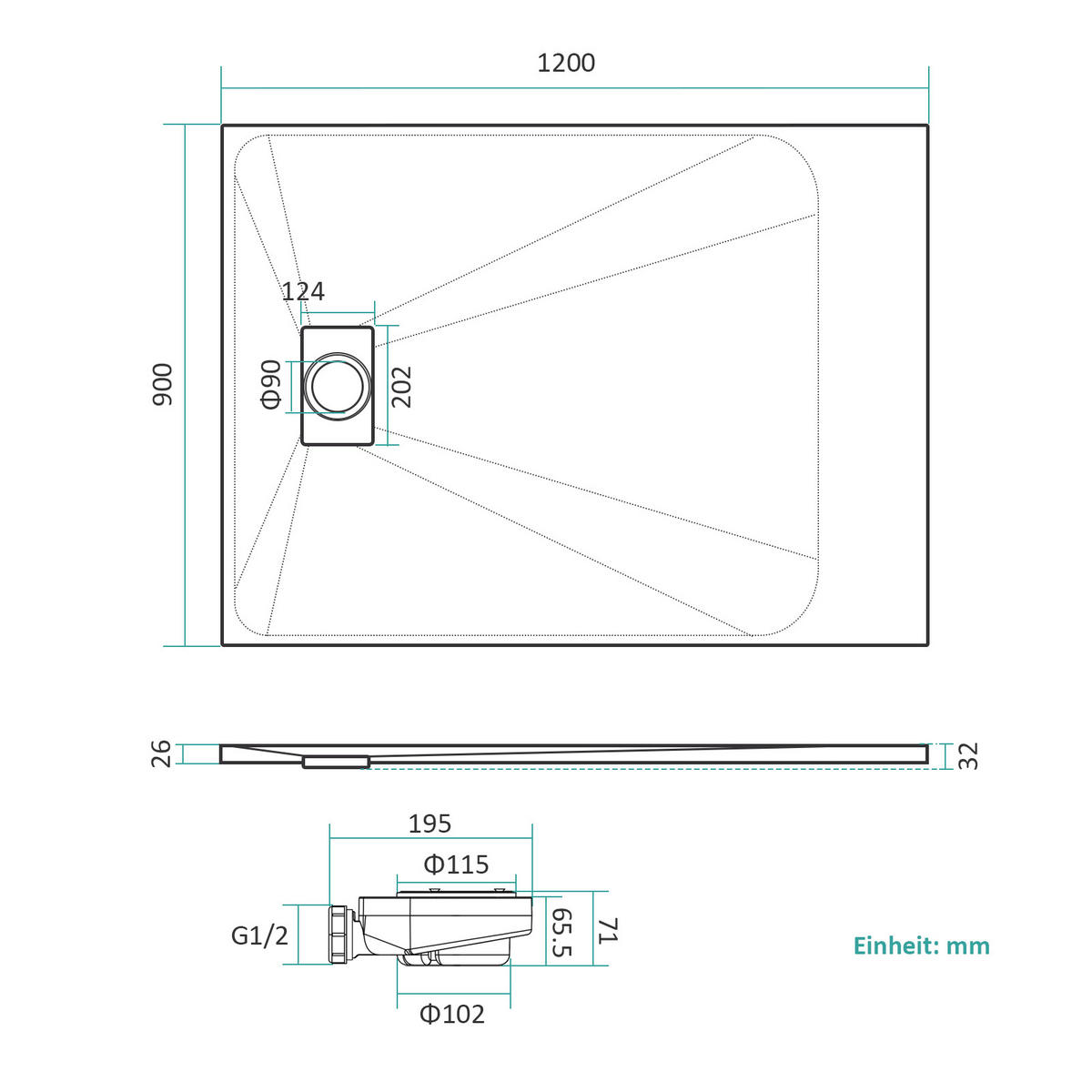 DUSCHWANNE inkl. Ablaufgarnitur Weiß 120/90 cm - Weiß, Naturmaterialen (90/2.6/120cm) - EMKE
