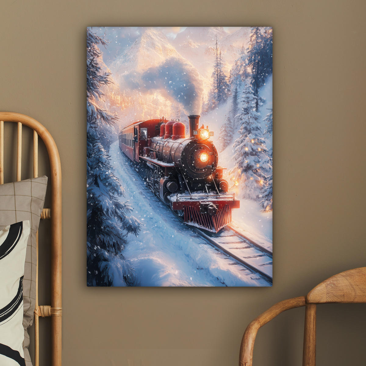 LEINWANDBILD Weihnachtszug - Schnee - Winter - Weihnachten 60x80 cm - Dunkelrot, Textil (60/80cm) - MuchoWow