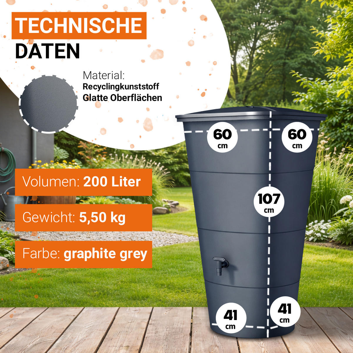 REGENTONNE Komplett-Set eckig 200 L, graphite grey inkl. Hahn und Fallrohranschluss - Grau, Kunststoff (59.7/107/59.7cm) - GARANTIA