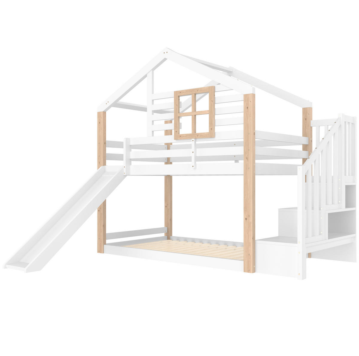 ETAGENBETT aus Holz 90x200 cm Weiß mit Rutsche, Stauraumtreppe und Hausdesign - Weiß, Holzwerkstoff (90/200cm) - IVMEU
