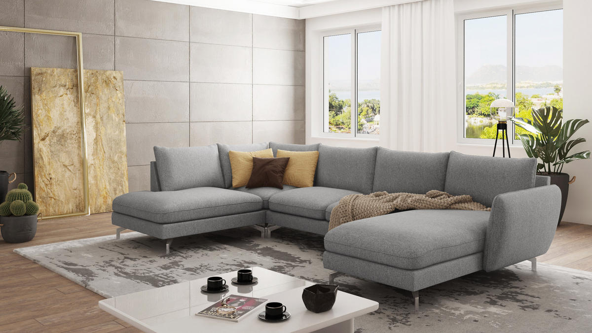 WOHNLANDSCHAFT Elou Grau Luxusmicrofaser - Chromfarben/Grau, Textil/Metall (336/87/200cm) - S-Style Möbel