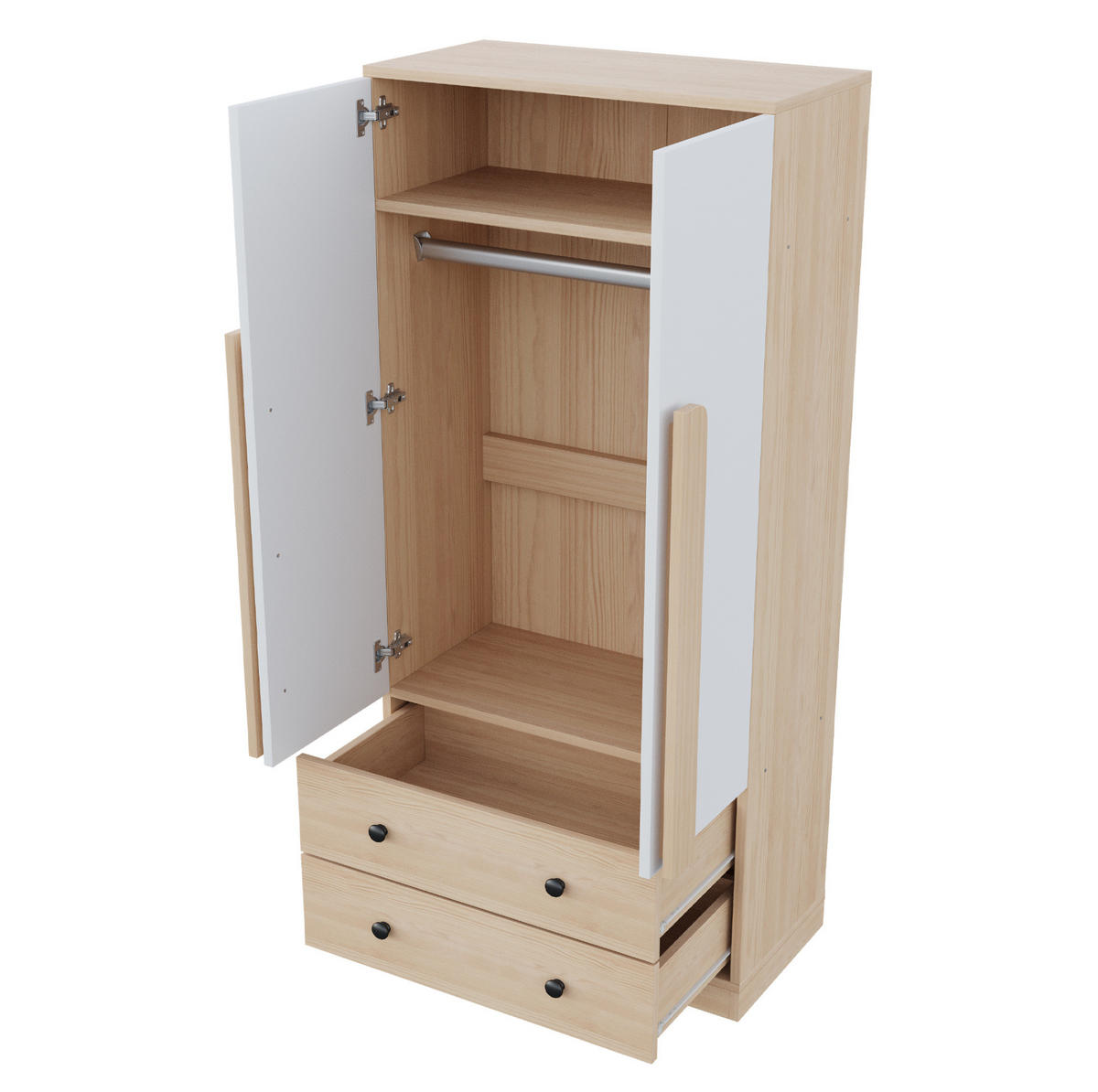 KLEIDERSCHRANK aus Holz 70x40x170 cm Natur/Weiß mit Doppeltüren und 2 Schubladen - Naturfarben, Holzwerkstoff (70/170/40cm) - Modfu