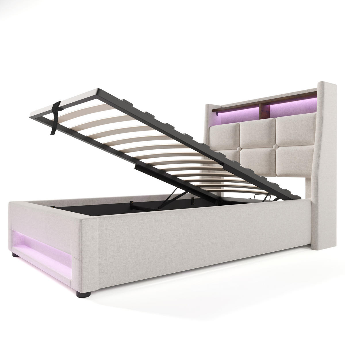 POLSTERBETT 90/200 cm mit LED & USB-Ladestation, Bettkasten (Gasdruckfeder), beige - Beige, Textil (90/200cm) - Redom