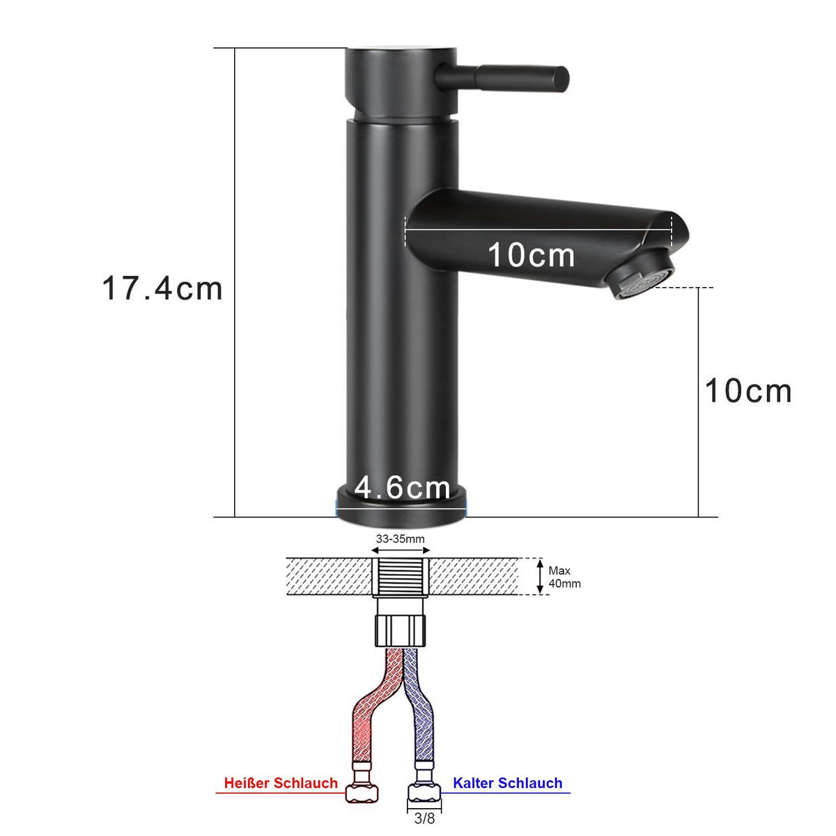 WASCHTISCHARMATUR Regniry 14.6/4.6/17.4 cm - Schwarz, Metall (4.6/17.4/14.6cm) - ZMH