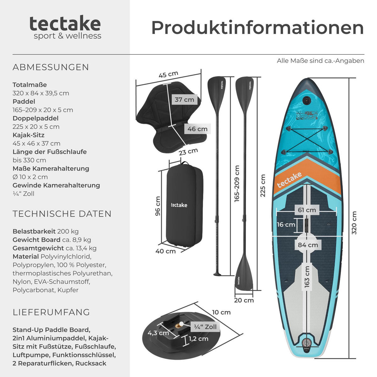 STAND-UP PADDLE BOARD Palagios, Belastbarkeit 200 kg, inklusive Kajak-Sitz, türkis/orange - Türkis, Kunststoff (320/84/0.4cm) - tectake