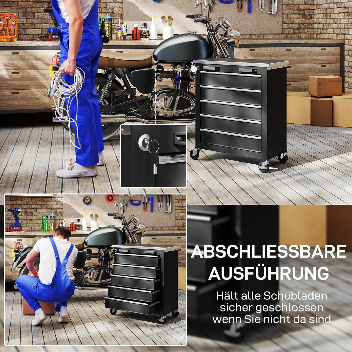 WERKZEUGSCHRANK DE-10382 5 Schubladen rollbar Schwarz - Schwarz, Metall (34.5/76/65.5cm) - ComfortXL