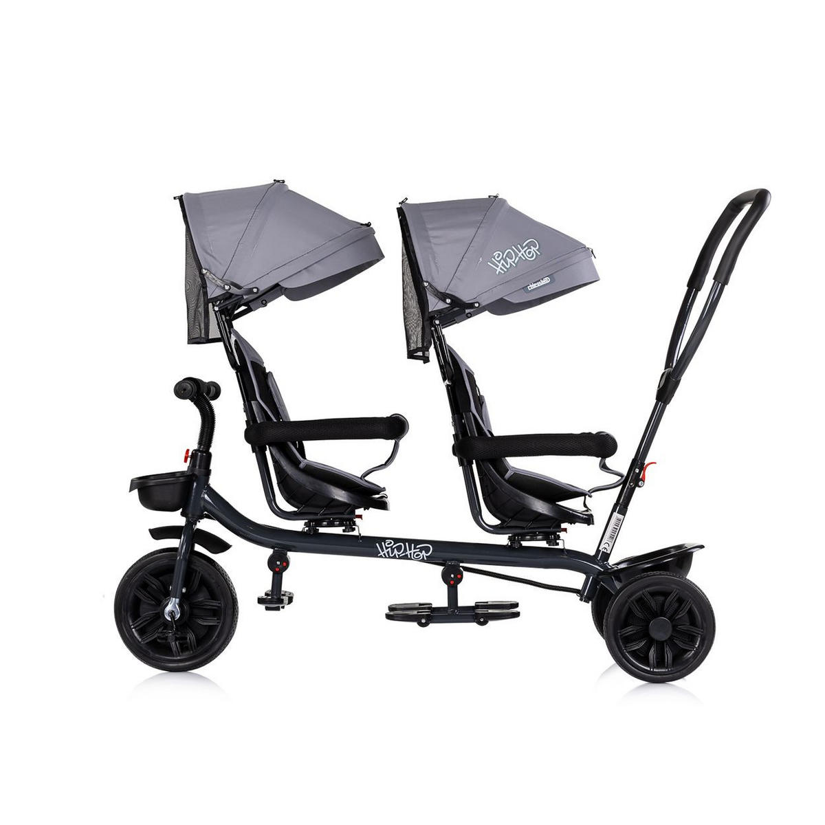 GESCHWISTERDREIRAD Hip Hop grau/schwarz Schiebegriff, Sitze 360° drehbar, Gurte - Schwarz/Grau, Metall (131/49/95cm) - Babyshoppen