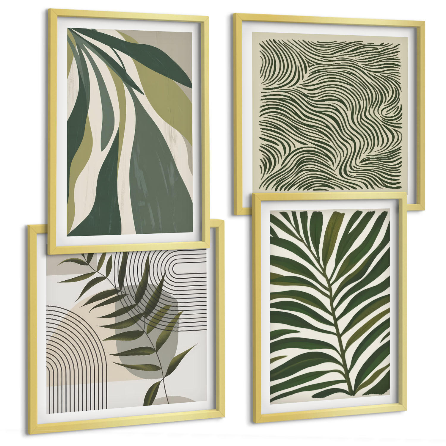 BILDER SET 4er Set - 50x50 cm & 40x60 cm Goldrahmen - Blätter, Wellen – Pastellillustrationen - Goldfarben, Kunststoff (50/50cm) - TULUP