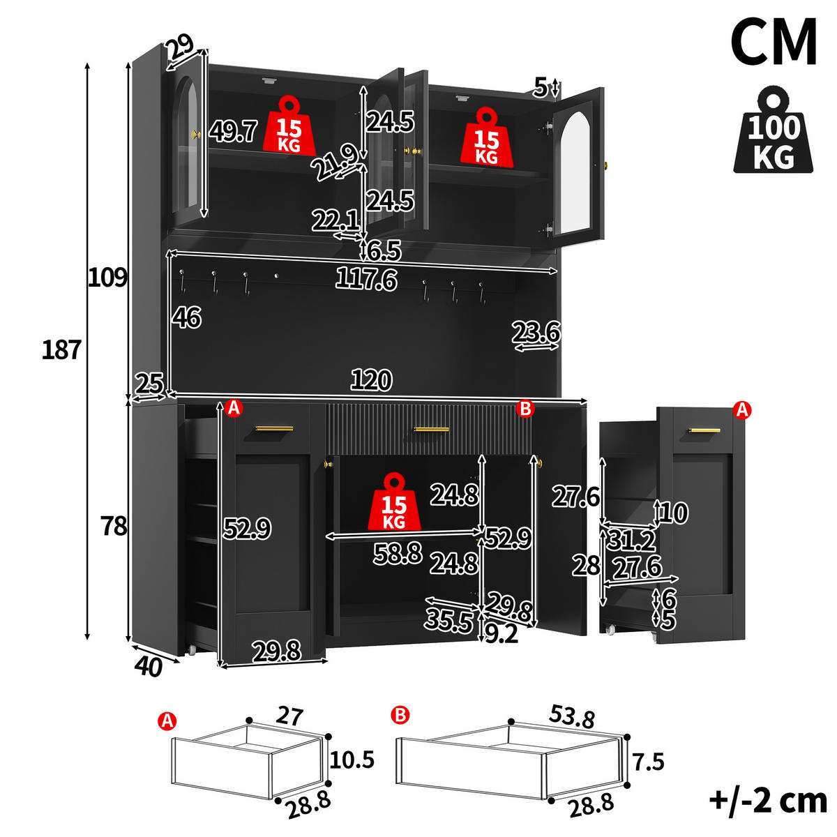 HIGHBOARD Schwarz 120×40×187 cm mit RGB-LED und Glasvitrinen aus Holzwerkstoff - Schwarz, Holzwerkstoff (120/187/40cm) - Luhomfu