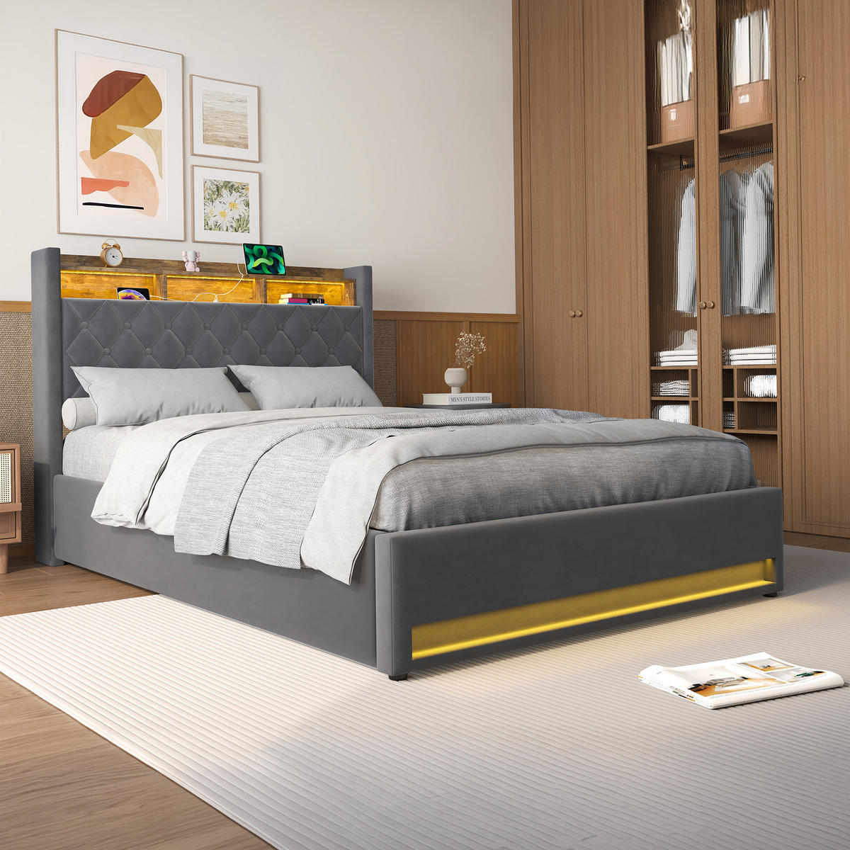 POLSTERBETT 140/200 cm in Grau, Samt, mit Bettkasten, USB, LED, ohne Matratze - Grau, Holzwerkstoff/Textil (140/200cm) - WISHDOR
