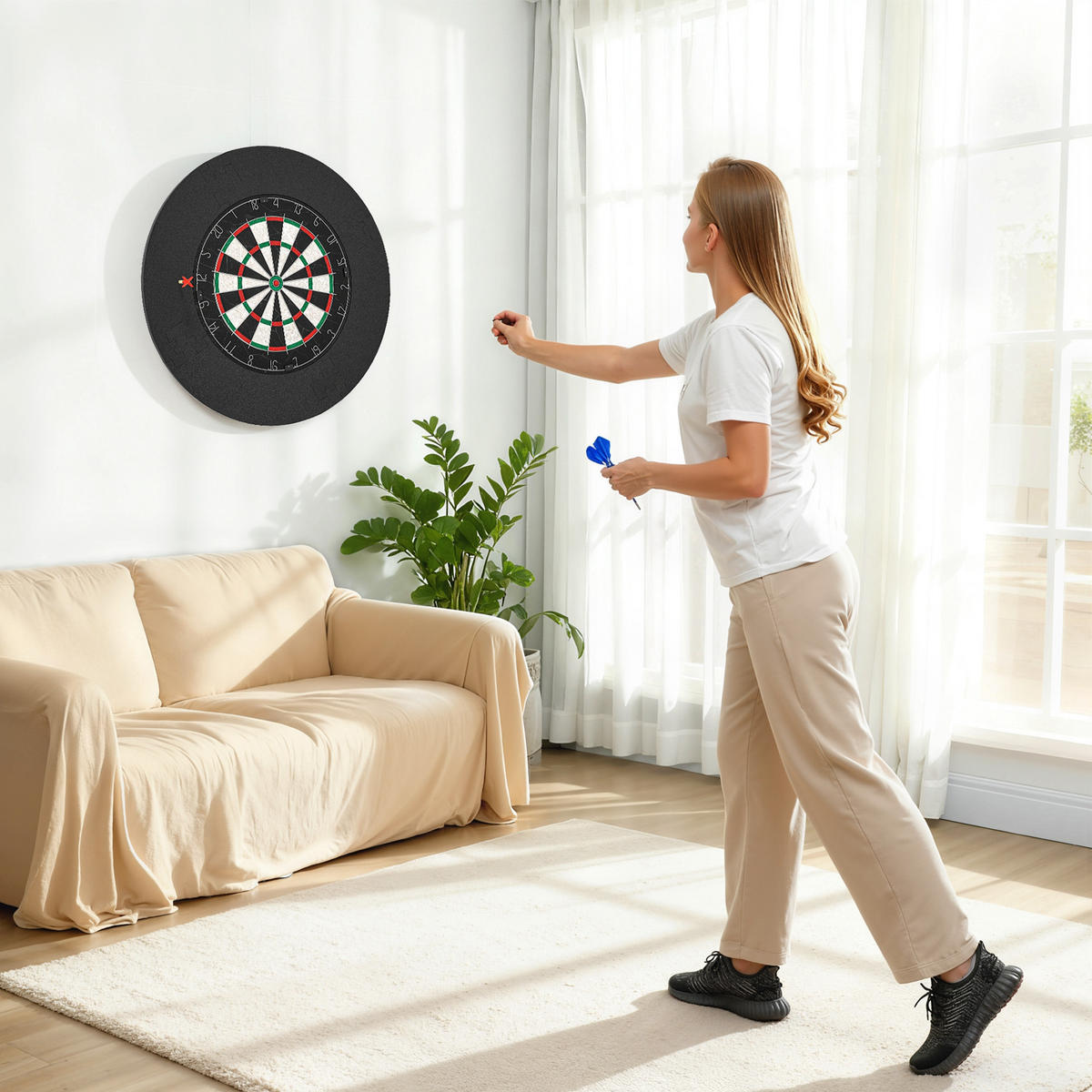 DARTSCHEIBE DE-10828 mit Schutzring & 6 Stahlspitzen-Darts Schwarz - Schwarz, Kunststoff (71.5/71.5cm) - ComfortXL