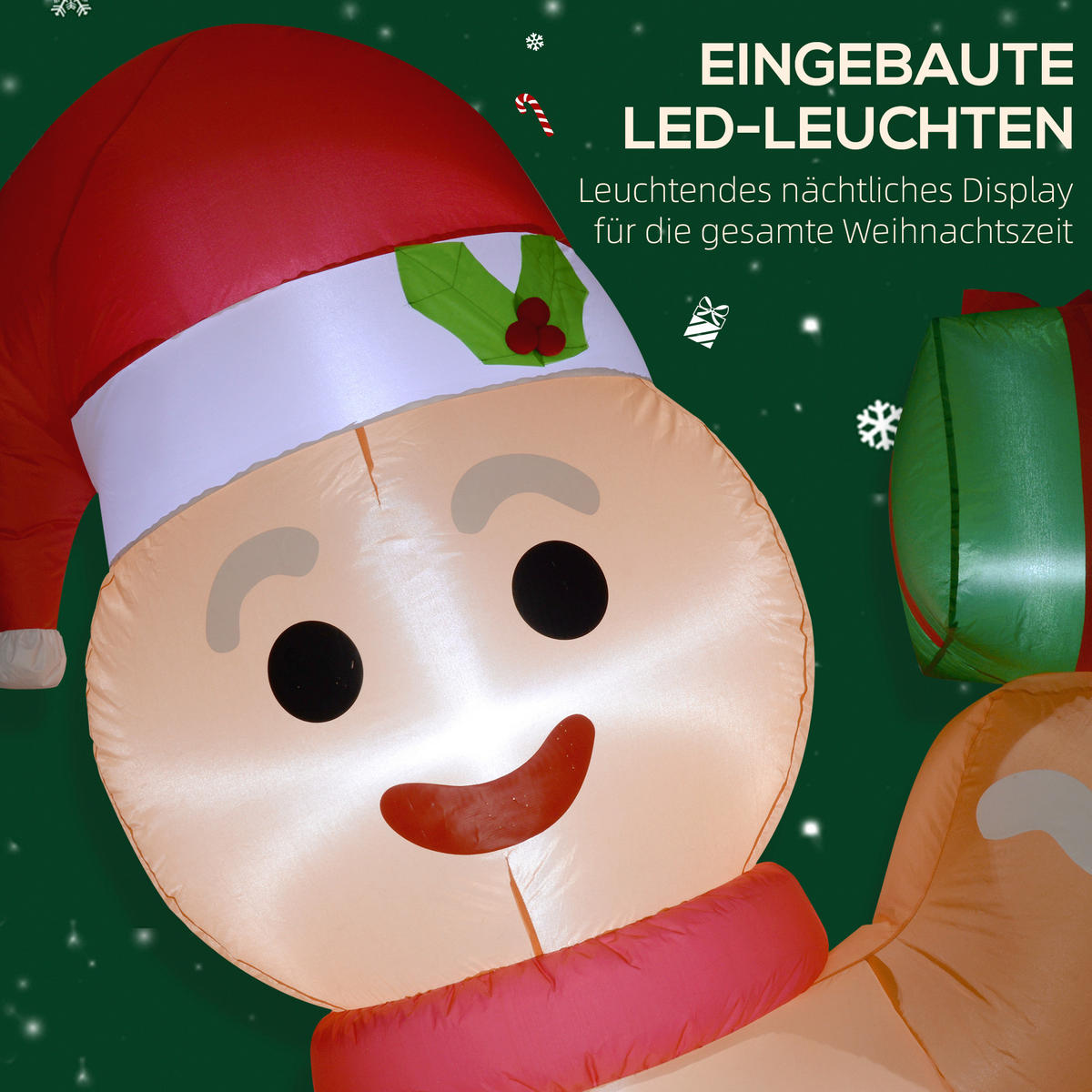 AUFBLASBARE Weihnachtsdeko 2,45 m Lebkuchenmann mit Zuckerstange, 6 LEDs - Orange, Kunststoff (100/245/170cm) - Outsunny
