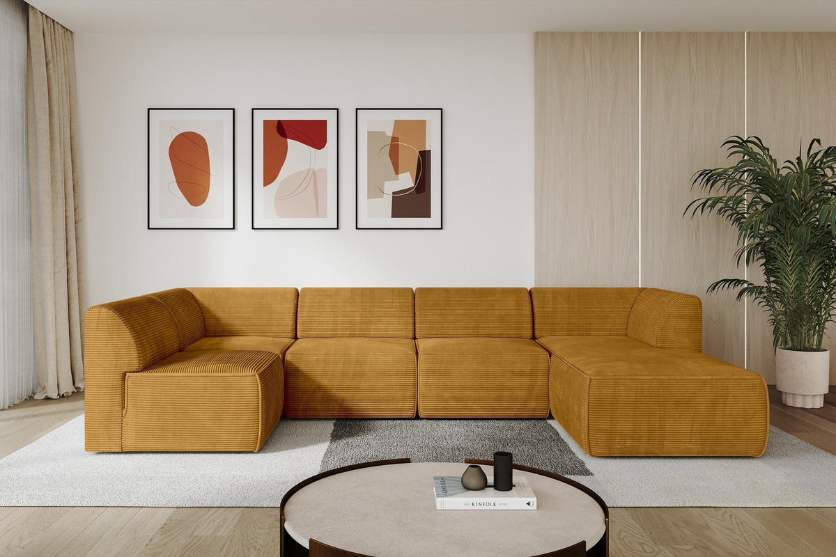 WOHNLANDSCHAFT Ottomane Rechts MOVO-L 345x180x78 cm Senffarbe Cord - Currygelb/Dunkelgelb, Holzwerkstoff/Kunststoff (345/78/180cm) - ALTDECOR