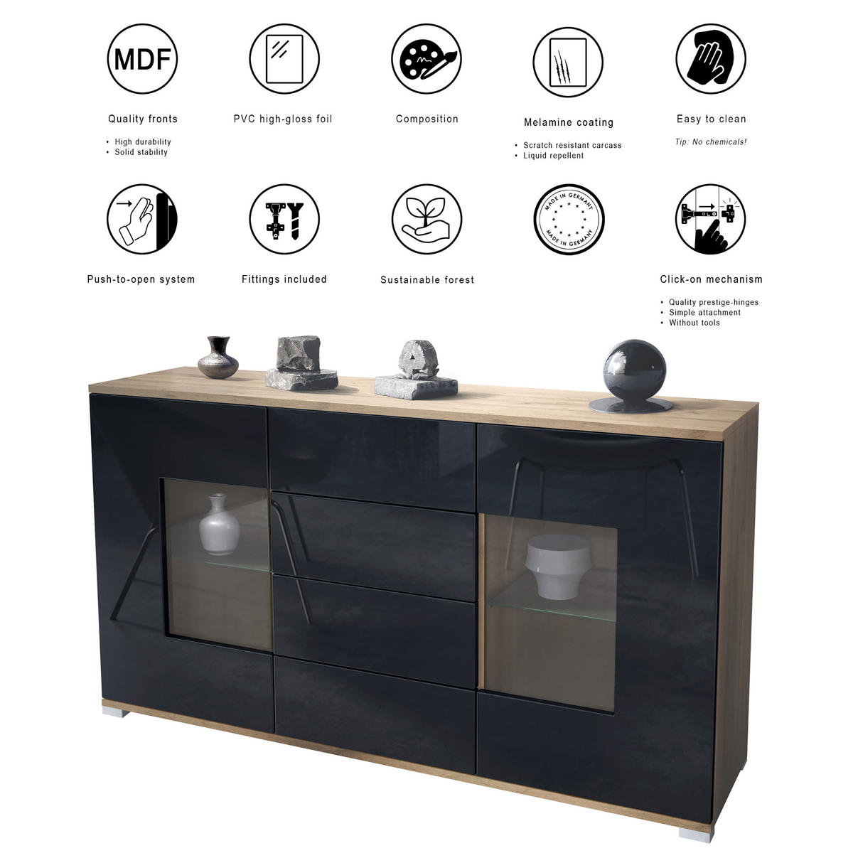 SIDEBOARD Grömitz Denim matt - Pastellblau, Holzwerkstoff (138.5/75.5/35cm) - Vladon