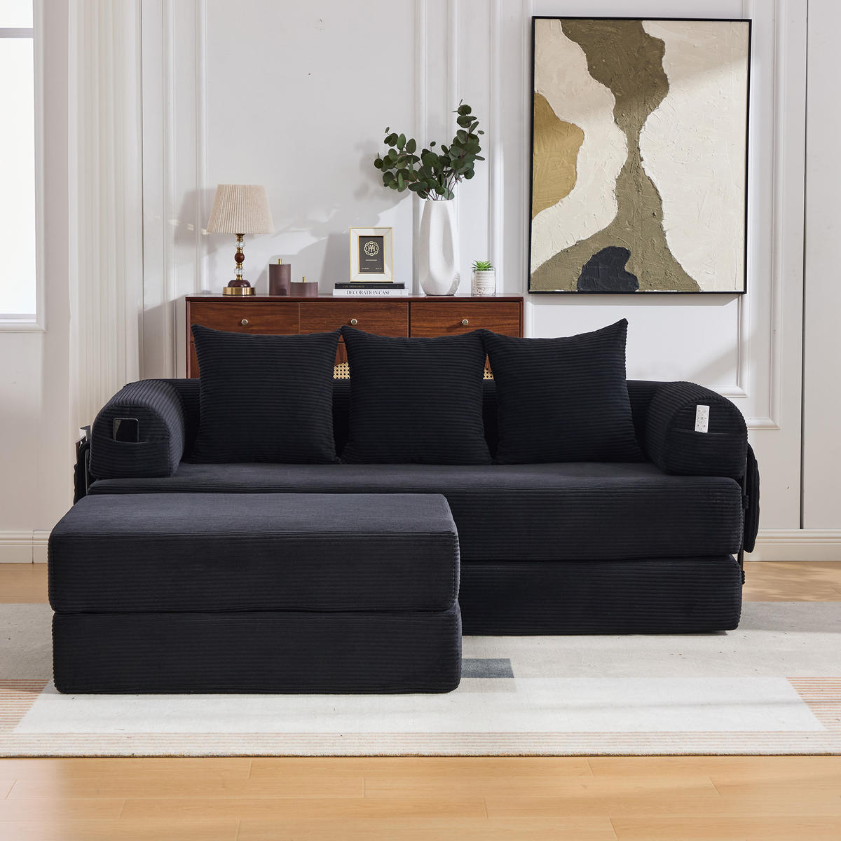 ECKSOFA Cord Schwarz mit Seitentasche und 3 Kissen - Schwarz, Textil/Metall (218/285cm) - WISHDOR