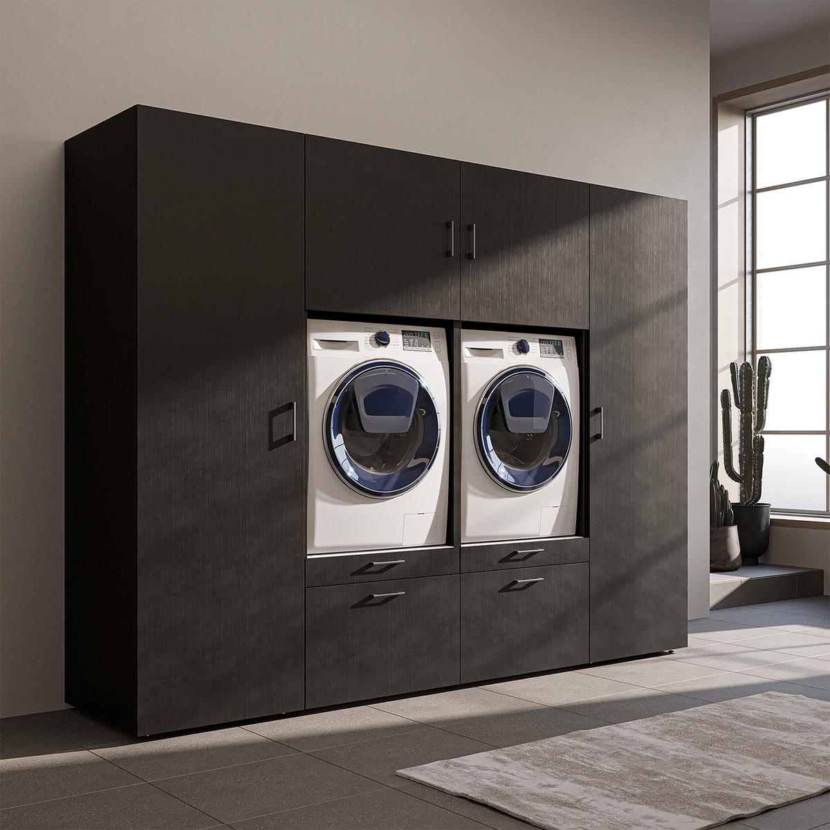 WASCHMASCHINENSCHRANK Serie 2 254cm Breit, 205cm Hoch - Schwarz, Holzwerkstoff (254/205/67cm)
