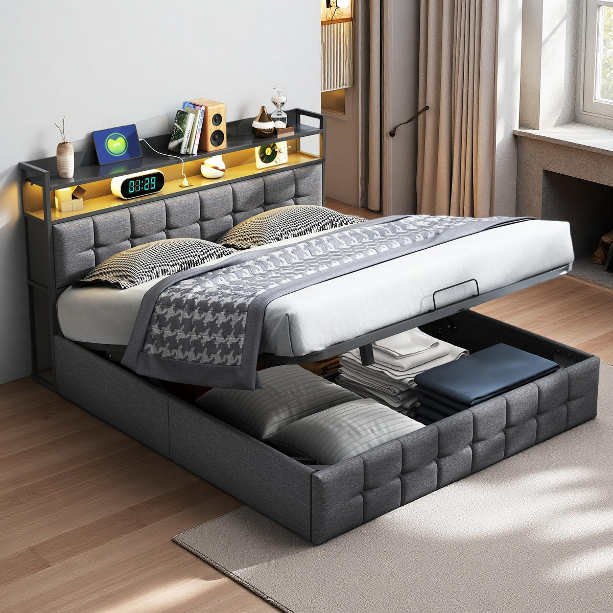 POLSTERBETT 140x200 cm Grau LED USB Stauraum - Grau, Metall (140/200cm) - SHOPENTRA