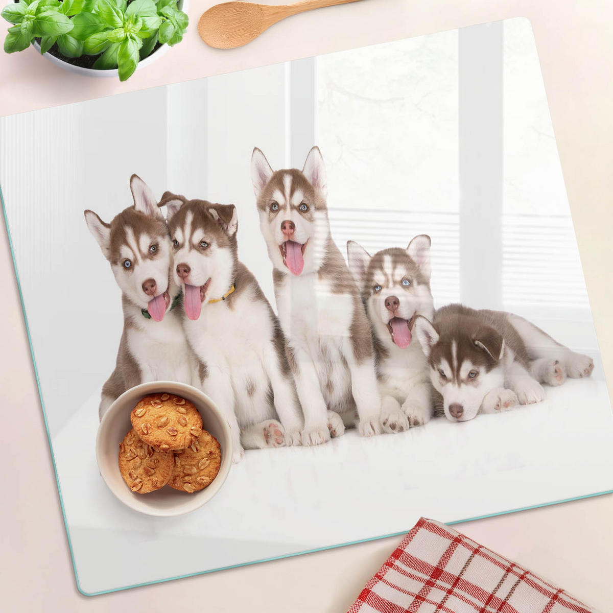 GLASPLATTE 60x52 cm Husky-Welpen - Braun, Glas (60/52cm) - TULUP