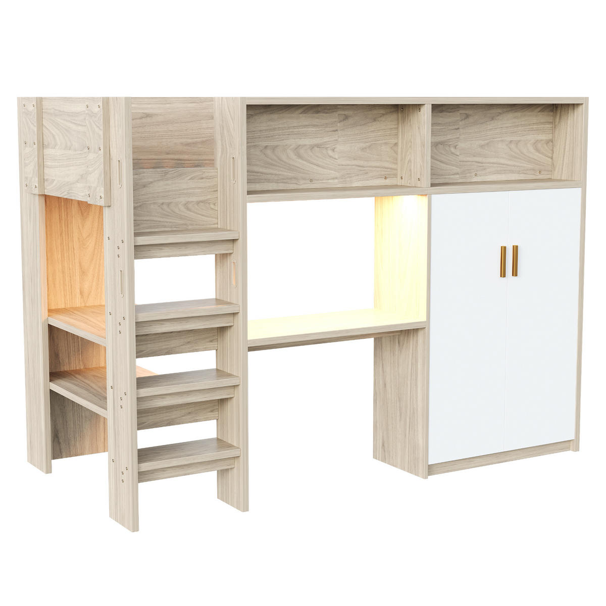 HOCHBETT 90/200 cm natur aus MDF mit Schreibtisch LED und Stauraum - Naturfarben, Holzwerkstoff (90/200cm) - OKWISH